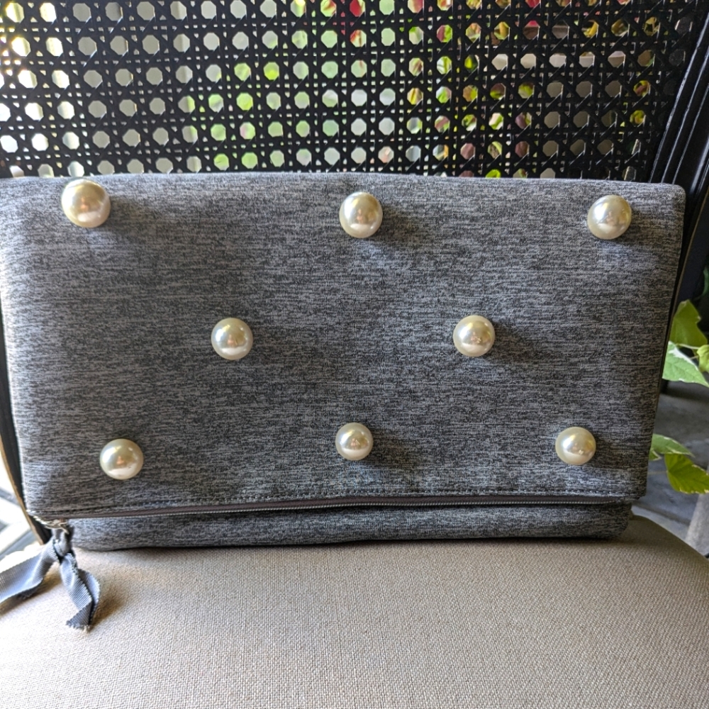 Stella & Dot Madison Foldover Zip Clutch- Grey Neoprene + Pearl Embellishment